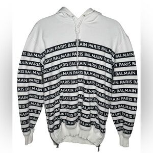 BALMAIN Black & White Logo Hoodie with side zippers 100% Authentic Size 36